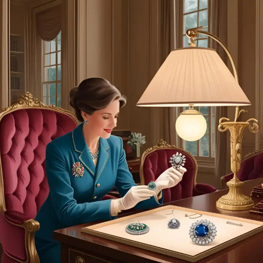 Elegante Frau, die Schmuck begutachtet.