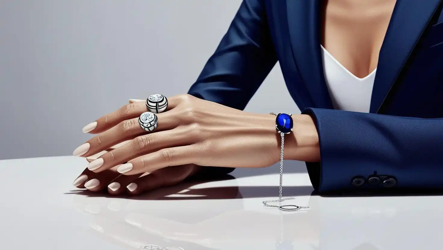 Hand einer Frau, geschmückt mit Ringen und einem blauen Edelstein-Armband.