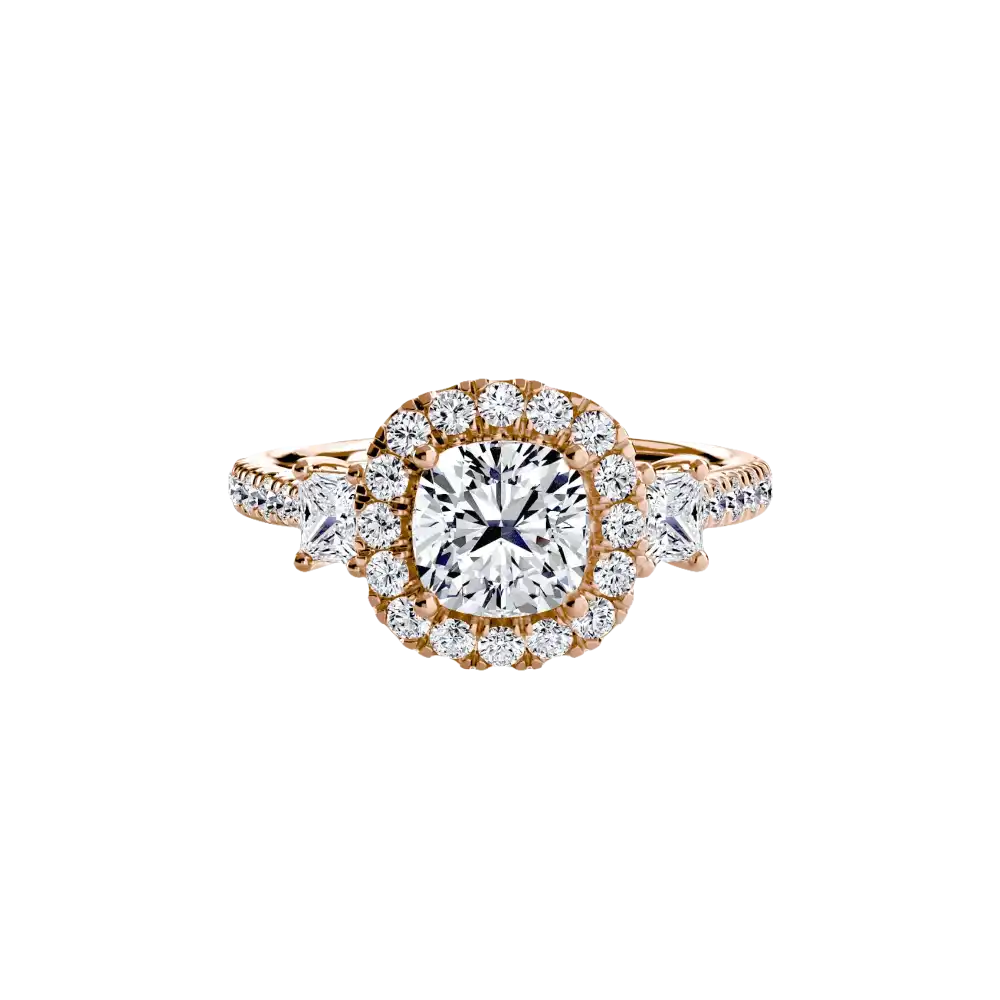 Three-Stone Ring with Halo 2 - 14K Rose Gold / Cushion - setting