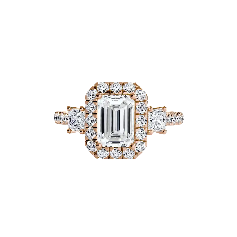 Three-Stone Ring with Halo 2 - 14K Rose Gold / Emerald - setting