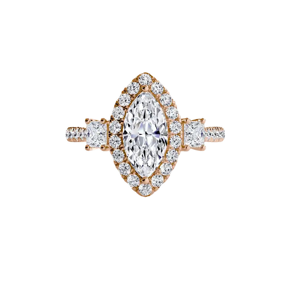 Three-Stone Ring with Halo 2 - 14K Rose Gold / Marquise - setting