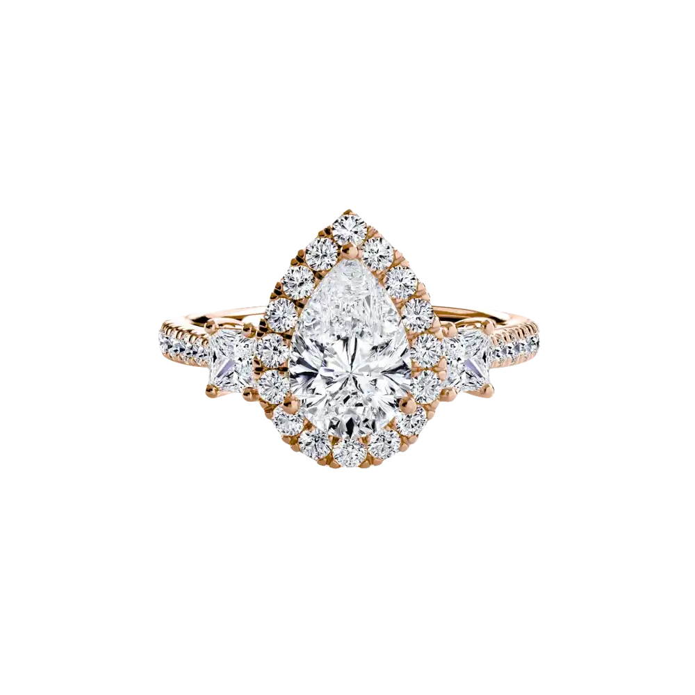 Three-Stone Ring with Halo 2 - 14K Rose Gold / Pear - setting