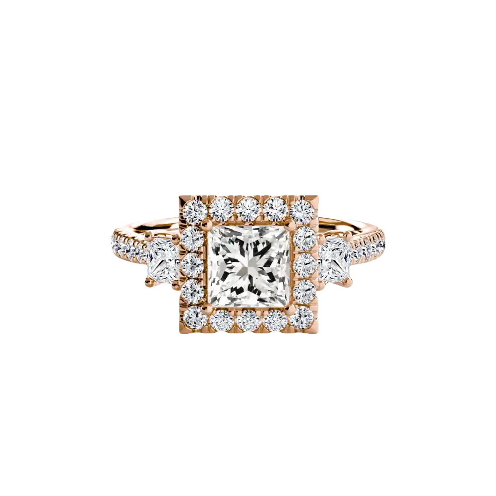 Three-Stone Ring with Halo 2 - 14K Rose Gold / Princess - setting