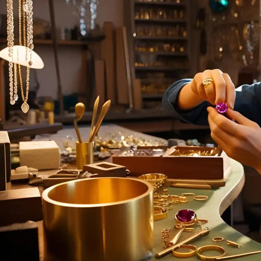 Juwelierarbeitstisch mit Goldschmuck.