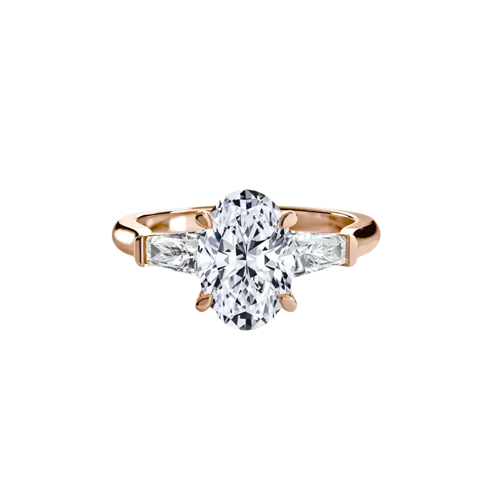 Three-Stone Ring (Baguette Side Stones) - 14K Rose Gold / Oval - setting