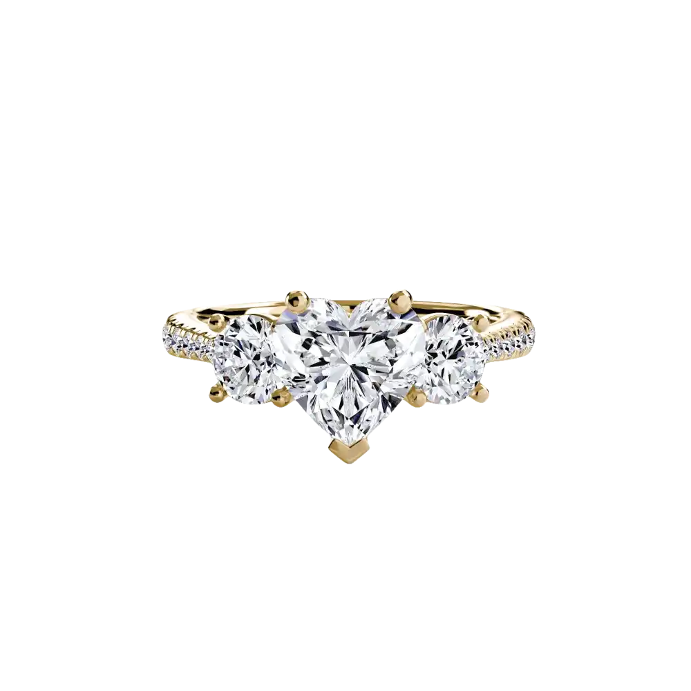 Three-Stone with Pavé Band - 14K Yellow Gold / Heart - setting