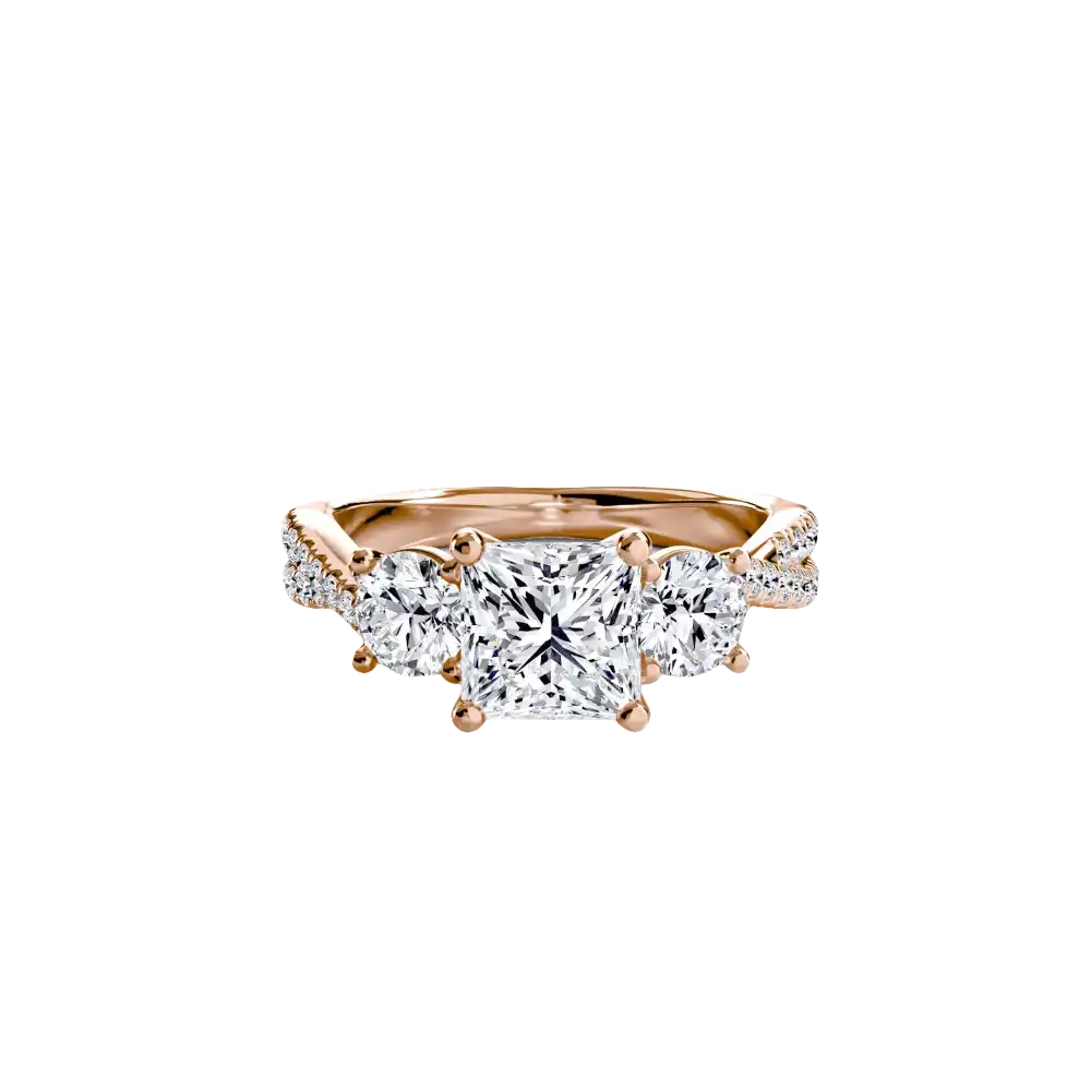 Three-Stone with Pavé Band 2 - 14K Rose Gold / Princess - setting